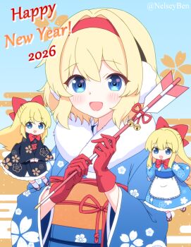 2026 3girls alice_margatroid alternate_costume arrow_(projectile) black_kimono blonde_hair blue_eyes blue_kimono blush bnelsey bow bowtie commentary earmuffs english_commentary floral_print furisode gloves hair_bow happy_new_year holding holding_arrow japanese_clothes kimono long_sleeves looking_at_viewer maid medium_hair multiple_girls new_year obi open_mouth orange_sash paid_reward_available petal_print red_bow red_bowtie red_gloves sash shanghai_doll smile touhou twitter_username wa_maid wide_sleeves