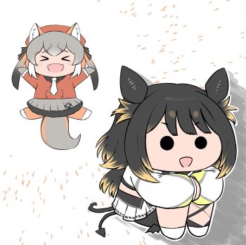 2girls animal_ears black_hair bokoboko_(pandagapanda1) extra_ears gloves grey_hair hat highres island_fox_(kemono_friends) jacket jumping kemono_friends kemono_friends_v_project mewlive multiple_girls necktie pantyhose ribbon shirt shoes simple_background skirt tail thighhighs twintails virtual_youtuber yamiyori_roiro