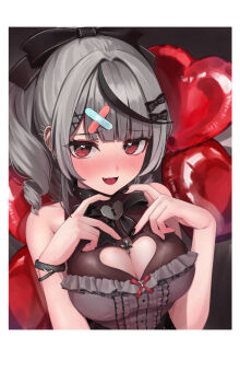 1girl four-finger_heart_hands :d balloon black_bow black_bowtie black_dress black_hair black_nails blush bow bowtie breasts center_frills cleavage_cutout clothing_cutout dress drill_hair drill_ponytail ear_piercing fang frilled_dress frilled_shirt frills grey_hair grey_shirt hair_ornament hairclip heart heart-shaped_lock heart_balloon heart_cutout heart_hands highres hololive jirai_kei large_breasts looking_at_viewer multicolored_hair nail_polish nattoushouyu3 official_alternate_costume open_mouth piercing polaroid_photo sakamata_chloe sakamata_chloe_(jirai_kei) shirt side_ponytail sleeveless sleeveless_dress smile solo spike_piercing streaked_hair upper_body virtual_youtuber wavy_hair x_hair_ornament