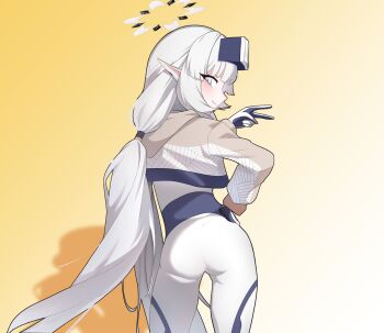 1girl absurdres black_halo blue_archive bodysuit gradient_background grey_eyes grey_hair grey_halo halo head-mounted_display head-mounted_display_lift highres himari_(armed)_(blue_archive) himari_(blue_archive) kujj0531 long_hair looking_at_viewer multicolored_halo official_alternate_costume pointy_ears solo thigh_gap thighs two-tone_halo v white_bodysuit yellow_background