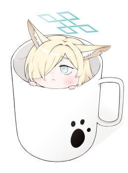 Rule 34 | 1girl, :<, animal ears, blonde hair, blue archive, blue eyes, blue halo, chibi, chibi only, closed mouth, cup, dog ears, dog girl, hair over one eye, halo, highres, in container, in cup, kanna (blue archive), paw print, simple background, solo, yosik