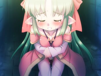 1girl bare_shoulders blush bow breasts clenched_teeth closed_eyes clothed_after_sex collarbone cowboy_shot cum cum_in_pussy cumdrip_through_clothes cumdrip_through_panties curtained_hair ear_blush elf green_hair hair_bow hands_on_own_stomach holding holding_towel jewelry juusha-chan_to_yaya_zannen_na_yuusha_no_hanashi juusha_(juusha-chan_to_yaya_zannen_na_yuusha_no_hanashi) large_variant_set layered_sleeves long_hair long_sleeves necklace panties pigeon-toed pink_skirt pointy_ears ponytail pussy_juice pussy_juice_stain raised_inner_eyebrows red_bow short_over_long_sleeves short_sleeves shoulder_blush sidelocks skirt small_breasts solo stained_panties standing sweat tearing_up teeth third-party_source towel underwear variant_set wet wet_clothes wet_panties white_panties yoshi_(crossmind)