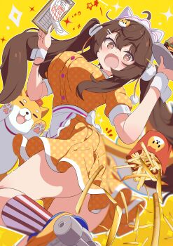 1girl absurdres ahoge animal_ears apron blush breasts brown_eyes brown_hair burger commission dog dress fake_animal_ears fang food french_fries hair_between_eyes hair_ornament hairclip highres holding holding_tray inline_skates large_breasts long_hair looking_at_viewer maid_headdress menu open_mouth original polka_dot polka_dot_dress puffy_short_sleeves puffy_sleeves roller_skates shiba_inu shiro9jira short_sleeves skates skeb_commission skin_fang smile socks solo sparkle striped_clothes striped_dress striped_socks tray twintails vertical-striped_clothes very_long_hair virtual_youtuber waist_apron waitress white_apron wrist_cuffs yellow_background yellow_dress