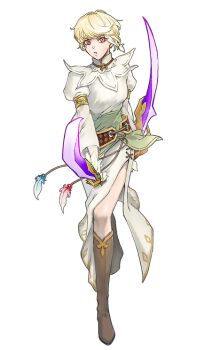 Rule 34 | 1girl, argyle belt, argyle clothes, armlet, beads, belt, blonde hair, blue feathers, boots, braid, breasts, brown belt, brown boots, collared shirt, cross-laced clothes, cross-laced skirt, dual wielding, eyelashes, feathers, gold armlet, high collar, holding, isolestie (children of the rune), jewelry, juliet sleeves, lace-trimmed collar, lace trim, long skirt, long sleeves, loose belt, nexon, parted lips, pelvic curtain, puffy sleeves, red eyes, red feathers, second-party source, shirt, simple background, single braid, single hair streak, skirt, sword, tales weaver, tarazed1120, weapon, white background, white hair, white shirt, white skirt, white sleeves, wide sleeves