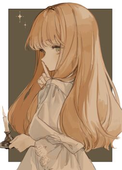 1girl absurdres blonde_hair candle candlestand commentary dress expressionless finger_to_mouth green_eyes highres holding holding_candlestand kyuumura long_hair looking_at_viewer original shushing sideways_glance solo symbol-only_commentary upper_body white_dress