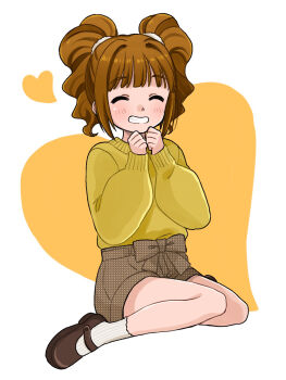 1girl belt belt_bow bow brown_belt brown_bow brown_hair brown_shoes closed_eyes commentary_request grin hands_up highres idolmaster idolmaster_(classic) mary_janes naruse_ill shoes shorts simple_background sitting smile socks solo sweater takatsuki_yayoi twintails wariza white_socks yellow_sweater