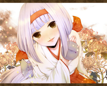 Rule 34 | 1girl, ajimu najimi, bad id, bad pixiv id, blunt bangs, female focus, flower, hairband, japanese clothes, ku m, letterboxed, long hair, medaka box, miko, ribbon, screw, solo, white hair