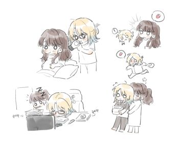 Rule 34 | 2girls, ahoge, basil (wgh0anzdple3asf), black pants, blonde hair, blush, brown-framed eyewear, brown hair, closed eyes, commentary, dress, drying, drying another's hair, drying hair, flying sweatdrops, food, fruit, fujishima megumi, glasses, hair bun, hair dryer, holding, holding hair dryer, hug, hug from behind, korean text, link! like! love live!, long dress, love live!, medium hair, multiple girls, multiple views, o o, on bed, osawa rurino, osawa rurino (summer loungewear), pants, ponytail, pregnant, science babies, single hair bun, sitting, spoken food, strawberry, translation request, untranslatable commentary, virtual youtuber, wife and wife, yuri, zzz