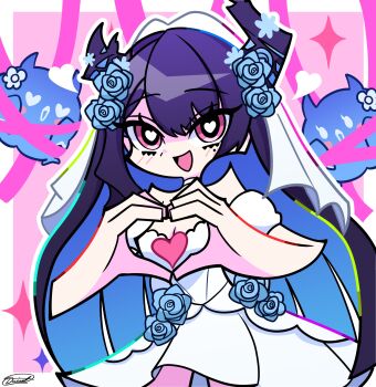 1girl absurdres asymmetrical_horns bare_shoulders black_hair black_horns blue_flower blue_hair blue_rose blush border breasts cleavage cowboy_shot dress flower hair_flower hair_ornament hashtag-only_commentary heart heart_hair_ornament heart_in_eye highres hololive hololive_english horns jailbird_(nerissa_ravencroft) long_hair mole mole_under_eye multicolored_hair nerissa_ravencroft oyomeholic_(nerissa_ravencroft) panty_&amp;_stocking_with_garterbelt pink_background purple_eyes rose sico_de_seraph solo_focus strapless strapless_dress symbol_in_eye two-tone_hair uneven_horns virtual_youtuber wedding_dress white_border white_dress