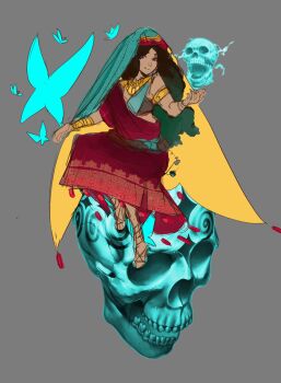 Rule 34 | 1girl, arabian clothes, belt, blue butterfly, blue veil, bracelet, brown hair, bug, butterfly, commentary, cross-laced sandals, curly hair, dress, english commentary, fate/grand order, fate (series), fire, flaming skull, floating skull, giant skull, gold bracelet, gold necklace, gradient hair, green hair, grey background, hair ornament, headdress, highres, insect, jewelry, long hair, looking at viewer, milfmerlin, multicolored hair, necklace, patterned clothing, plate, purple eyes, red dress, redesign, riding, salome (fate), sash, simple background, sitting, sketch, skull, smile, solo, tray, two-sided fabric, variant set, veil, yellow veil