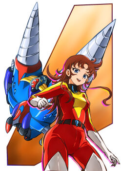 1girl belt blue_eyes bodysuit breasts brown_hair drill_spazer elbow_gloves gloves grendizer highres long_hair looking_at_viewer maria_grace_fleed mazinger_(series) mecha medium_breasts multicolored_bodysuit nagai_gou_(style) open_mouth red_bodysuit retro_artstyle robot skin_tight solo standing taiga_hiroyuki ufo_robo_grendizer white_gloves