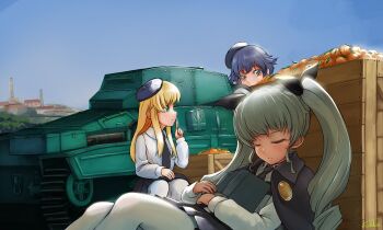 Rule 34 | 10s, 3girls, anchovy (girls und panzer), bad id, bad pixiv id, beret, blonde hair, blue hair, book, bow, brown eyes, cape, carpaccio (girls und panzer), carro armato p40, caterpillar tracks, city, closed eyes, crate, drill hair, food, fruit, girls und panzer, green eyes, green hair, hair bow, hat, long hair, looking at another, military, military vehicle, motor vehicle, multiple girls, necktie, orange (fruit), pantyhose, pepperoni (girls und panzer), school uniform, short hair, sitting, sky, sleeping, sleeping upright, solokov (okb-999), tank, twin drills, vehicle, white legwear