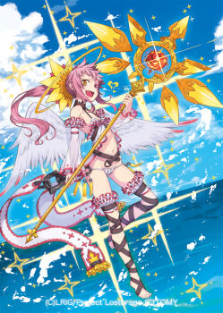 1girl angel angel_wings barefoot blue_sky breasts cloud copyright_notice dress holding holding_staff looking_at_viewer navel official_art open_clothes open_dress outdoors panties pink_hair satoma_makoto sky small_breasts solo staff tobiel_(wixoss) underwear water white_dress white_panties wings wixoss yellow_eyes