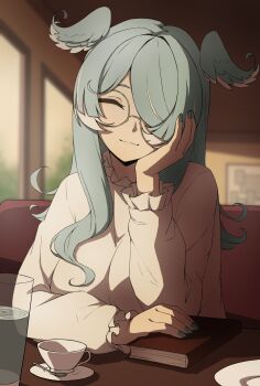 1girl :3 absurdres blue_hair blue_nails blurry breasts closed_eyes closed_mouth commentary cup dating daydarion depth_of_field diner drinking_glass elira_pendora english_commentary frilled_shirt_collar frilled_sleeves frills glasses hair_over_one_eye hand_on_own_cheek hand_on_own_face head_wings highres large_breasts long_hair nijisanji nijisanji_en plate smile solo teacup virtual_youtuber wings