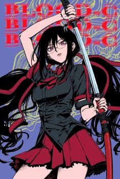 1girl abstract_background black_hair black_shirt blood-c blue_background breasts closed_mouth commentary_request contrapposto copyright_name cowboy_shot expressionless glasses hair_tubes highres holding holding_sword holding_weapon katana kisaragi_saya lips long_hair looking_at_viewer low_twintails medium_breasts miniskirt misejyuk neckerchief pleated_skirt red_eyes red_neckerchief red_skirt school_uniform semi-rimless_eyewear sheath shirt short_sleeves sidelocks skirt solo summer_uniform sword text_background twintails two-handed under-rim_eyewear unsheathing untucked_shirt weapon