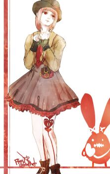 1girl black_hat brown_jacket commentary copyright_name dress emilie_(ff14) facial_mark final_fantasy final_fantasy_xiv frilled_dress frills grey_dress hands_up hat heart heart_facial_mark hyur jacket long_sleeves open_clothes open_jacket pink_hair red_eyes ruka_(blueplus84) short_hair spriggan_(final_fantasy) standing twitter_username