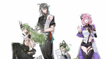 Rule 34 | 1boy, 3girls, ahoge, black dress, black gloves, black pants, black shrug, black tiara, breasts, cleavage, coat, corset, dress, elf, elysia (honkai impact), elysia (miss pink elf) (honkai impact), gloves, green hair, grey hair, highres, honkai (series), honkai impact 3rd, klein (honkai impact), lab coat, long hair, mobius (honkai impact), multiple girls, pants, pink hair, pointy ears, procreate (medium), seawave02974, shrug (clothing), single glove, small breasts, su (honkai impact), tiara, two-tone shirt, very long hair, white coat, white corset