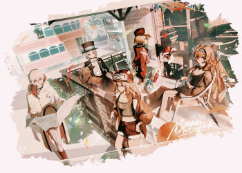 1other 4girls absurdres against_railing animal_ear_headwear animal_ears animalization apple apple_(reverse:1999) artist_name ascot aviator_cap bkornblume black_bow black_bowtie black_coat black_hat blonde_hair blue_bow blue_dress blue_eyes blue_flower blue_neckerchief boater_hat border bottle bow bowtie breasts brick_wall brown_hair brown_hat brown_jacket brown_shorts building chair checkered_hairband cleavage coat coca-cola cola colored_tips cup dress fading_border fake_animal_ears fennec_fox flower food fruit goggles goggles_on_headwear green_eyes green_shirt grey_cloak grey_eyes grey_hair grey_pants grey_sleeves hair_bun hairband hat hat_bow highres holding holding_cup holding_newspaper holding_saucer jacket lilya_(reverse:1999) long_hair looking_at_viewer medicine_pocket midriff mimaki_pv mouth_hold ms._radio multicolored_hair multiple_girls navel neckerchief newsboy_cap newspaper on_chair on_table outdoors pants pants_under_dress polka_dot_neckerchief radio railing red_jacket regulus_(reverse:1999) reverse:1999 saucer shirt short_dress short_hair shorts single_side_bun sitting soda_bottle sonetto_(reverse:1999) stalk_in_mouth standing table teacup traditional_bowtie two_side_up vertin_(reverse:1999) white_ascot white_coat white_dress white_hair white_pants white_shirt yellow_eyes