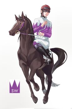 1boy black_boots boots commentary english_commentary goggles hat highres holding holding_reins horse horseback_riding jockey kaulen.f long_sleeves pants racing_colors real_life reins riding saddle shirt special_week_(racehorse) tail take_yutaka white_pants