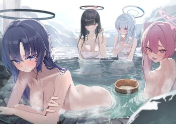 4girls absurdres black_hair black_halo blue_archive blunt_bangs blush breasts closed_mouth completely_nude halo highres koyuki_(blue_archive) large_breasts long_hair looking_at_another looking_at_viewer multiple_girls naked_towel noa_(blue_archive) nude onsen open_mouth pink_eyes pink_hair pink_halo purple_eyes purple_hair red_eyes red_halo rio_(blue_archive) sidelocks star-shaped_pupils star_(symbol) sukoyaka_konbu symbol-shaped_pupils towel white_hair white_halo yuuka_(blue_archive)