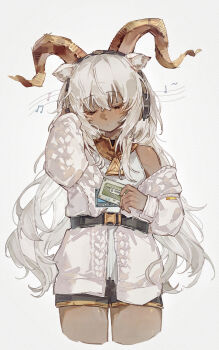 1girl absurdres animal_ears arknights beeswax_(arknights) belt black_shorts cassette_tape choker closed_eyes dark_skin headphones headphones_around_neck highres holding holding_cassette_tape horns huaique jacket jewelry listening_to_music long_hair musical_note necklace painting_(medium) sheep_ears sheep_horns shirt shorts simple_background sleeveless sleeveless_shirt solo traditional_media upper_body watercolor_(medium) white_background white_hair white_jacket