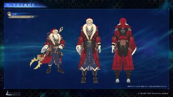 1boy absurdres blonde_hair blue_background blue_eyes boots brown_boots character_name cid_highwind cid_highwind_(holidays_attire) coat concept_art facing_away facing_viewer fake_beard fake_facial_hair fake_mustache final_fantasy final_fantasy_vii final_fantasy_vii:_ever_crisis full_body fur-trimmed_headwear fur_trim furrowed_brow gloves grey_pants grin hair_slicked_back hat highres holding holding_polearm holding_weapon long_coat male_focus multiple_views official_alternate_costume official_art one_eye_closed pants polearm red_coat red_hat reference_sheet santa_costume santa_hat short_hair smile solo teeth weapon white_gloves