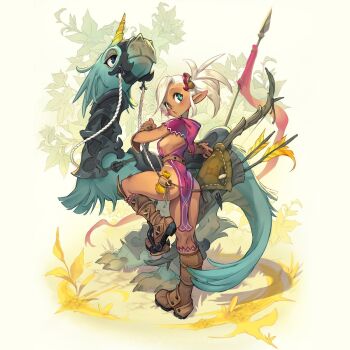 1girl arrow_(projectile) banner blush boots bow_(weapon) breasts bridle elf green_eyes highres horns lance original pointy_ears polearm pouch quiver riding riding_animal saddle sideboob single_horn solo spear tan tanline tribal vambraces weapon white_hair xaxaxa