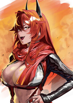 1girl :d absurdres antenna_hair black_jacket breasts cleavage commentary cowboy_shot double-parted_bangs fangs goddess_of_victory:_nikke hair_between_eyes hair_flaps hair_intakes hako_age hand_on_own_hip highres horns jacket large_breasts leather leather_jacket long_hair long_sleeves looking_at_viewer mechanical_horns midriff navel open_mouth red_hair red_hood_(nikke) red_scarf scarf sidelocks smile solo standing suspenders very_long_hair yellow_eyes