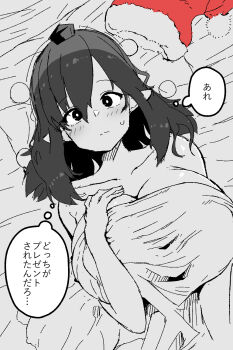 1girl akure_ekuto blush breasts christmas collarbone greyscale hat highres huge_breasts long_hair lying monochrome nude on_back pointy_ears pom_pom_(clothes) red_hat santa_hat shameimaru_aya solo speech_bubble spot_color sweatdrop thought_bubble tokin_hat touhou translation_request under_covers unworn_hat unworn_headwear