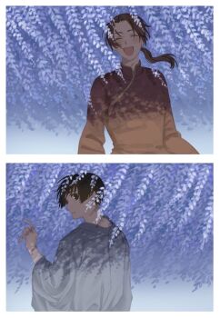 2boys axis_powers_hetalia black_eyes black_hair blunt_ends border brown_hair changpao china_(hetalia) chinese_clothes closed_eyes commentary_request floating_hair flower from_behind grey_kimono hand_up happy highres japan_(hetalia) japanese_clothes kimono lilac long_hair long_sleeves looking_at_viewer low_ponytail male_focus mandarin_collar mm215nnn multiple_boys open_mouth ponytail purple_flower red_shirt ribbon shadow shirt short_hair smile teeth upper_body wavy_hair white_border wide_sleeves yellow_ribbon