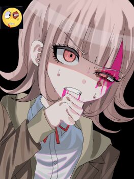 1girl blood brown_hair collared_shirt danganronpa_(series) danganronpa_3_(anime) emoji hair_ornament highres hope's_peak_academy_school_uniform jacket long_sleeves medium_hair nanami_chiaki open_clothes open_jacket pink_blood pink_eyes ribbon school_uniform shirt solo sweat tarutaru428 teeth white_shirt