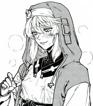 1boy ai-assisted androgyne_symbol androgynous arc_system_works blush bridget_(guilty_gear) covered_erect_nipples detached_collar dress fingerless_gloves gloves guilty_gear guilty_gear_strive headdress hood hood_up hoodie hulijinq jacket long_sleeves looking_down male_focus medium_hair monochrome nipple_stimulation open_clothes open_jacket parted_lips puff_of_air simple_background solo standing sweat trap upper_body white_background