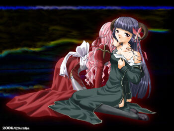 Rule 34 | 2000s (style), 2006, 2girls, abstract background, back bow, black background, black shoes, black thighhighs, blunt bangs, blush, bow, breasts, brown horns, butterfly hair ornament, commentary request, dress, full body, garter straps, grey dress, hair ornament, hand on another's neck, high priest (ragnarok online), hime cut, horns, juliet sleeves, long hair, long sleeves, looking at viewer, medium breasts, multiple girls, open mouth, pink hair, priest (ragnarok online), puffy sleeves, purple eyes, purple hair, ragnarok online, red dress, sash, shoes, side slit, thighhighs, wavy hair, white bow, white sash, white thighhighs, yuri, yuzu (myrica)