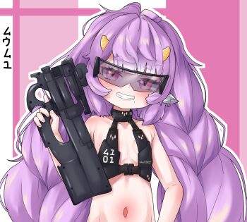 1girl animal_ears bare_shoulders bullpup commentary cow_ears cow_girl cow_horns english_commentary equus_ignis grin gun highres holding holding_weapon horns long_hair looking_at_viewer mole mole_under_mouth muu_muyu navel p90 phase_connect pink_eyes purple_hair simple_background smile solo submachine_gun virtual_youtuber weapon