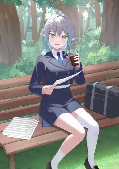 1girl animal animal_on_shoulder asymmetrical_legwear bench bird bird_on_shoulder black_bag black_jacket black_shoes black_skirt blue_necktie breasts buttons collared_shirt commentary_request cropped_jacket cup disposable_cup double-breasted drinking_straw formal_clothes fukujin green_eyes grey_hair highres holding holding_cup holding_paper ice ice_cube jacket loafers looking_at_viewer medium_breasts miniskirt necktie on_bench open_mouth original outdoors paper park_bench pleated_skirt pointy_ears shirt shoes short_hair sitting skirt socks solo suit thighhighs uneven_legwear white_bird white_shirt white_socks white_thighhighs