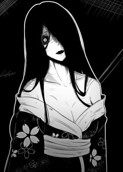 1girl absurdres bare_shoulders breasts cleavage collarbone colored_sclera commentary english_commentary facial_scar floral_print greyscale head_tilt highres hisako_(killer_instinct) japanese_clothes killer_instinct_(2013) killer_instinct_(series) kimono large_breasts lipstick lughost makeup mature_female monochrome off_shoulder scar scar_on_cheek scar_on_face scar_on_mouth solo upper_body