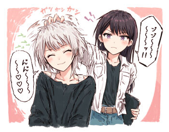 Rule 34 | 2girls, ^ ^, bang dream!, bang dream! it's mygo!!!!!, black hair, black shirt, blue skirt, blush, closed eyes, closed mouth, collarbone, collared jacket, commentary, hand on another's head, heart, highres, jacket, kaname raana, long hair, long sleeves, mole, mole under eye, multiple girls, off-shoulder shirt, off shoulder, open clothes, open jacket, purple eyes, raana the cat, shiina taki, shirt, short hair, skirt, smile, spoken heart, translation request, white hair, white jacket, white shirt, yukitake (bullfalk)