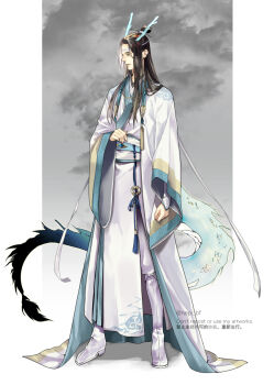 Rule 34 | 1boy, black hair, blue gemstone, blue sash, boots, chinese clothes, closed mouth, commentary request, dragon boy, dragon horns, dragon tail, eastern dragon horns, eastern dragon tail, full body, gem, grey background, hanfu, headband, highres, horns, jewelry, kemonomimi mode, lan wangji, long hair, long sleeves, looking to the side, male focus, modao zushi, pants, pointy ears, robe, sash, scales, sidelocks, solo, standing, tail, tassel, topknot, twitter username, watermark, white boots, white hanfu, white headband, white pants, white sash, wide sleeves, xiao guan (headdress), yaopei, yellow eyes, ykmr (haga)