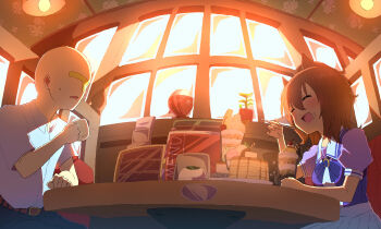 1boy 1girl absurdres agnes_tachyon_(umamusume) blue_pants blue_shirt bow bowtie brown_hair brown_shirt butter cherry closed_eyes couch cowboy_shot cup fisheye food food_on_face fruit hand_up highres holding holding_cup ice_cream indoors kasuokasuto maple_syrup medium_hair open_mouth pancake pancake_stack pants parted_lips plant pleated_skirt potted_plant puffy_short_sleeves puffy_sleeves purple_bow purple_bowtie purple_sailor_collar purple_shirt sailor_collar shirt shirt_tucked_in short_sleeves sitting skirt smile spoon sundae sweatdrop syrup t-head_trainer_(umamusume) table trainer_(umamusume) two-tone_shirt umamusume wafer_stick white_shirt white_skirt