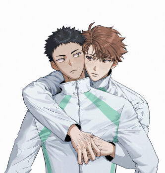 2boys black_hair brown_eyes brown_hair cheek-to-cheek closed_mouth eye_contact haikyuu!! hashtag-only_commentary heads_together high_collar highres hoppielucy_gkst hug hug_from_behind iwaizumi_hajime jacket looking_at_another male_focus multiple_boys oikawa_tooru_(haikyuu!!) short_hair simple_background track_jacket upper_body white_background white_jacket yaoi zipper