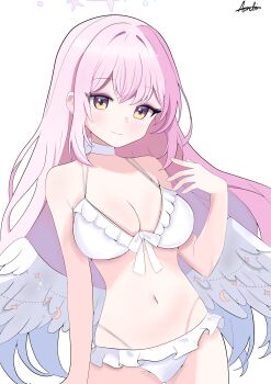 1girl absurdres angel_wings aurelia88 bikini blue_archive blush breasts choker cleavage closed_mouth crescent feathered_wings frilled_bikini frills halo highres large_breasts long_hair looking_at_viewer low_wings mika_(blue_archive) mika_(swimsuit)_(blue_archive) navel pink_hair pink_halo signature simple_background smile solo stomach swimsuit white_background white_bikini white_choker white_wings wing_ornament wings yellow_eyes
