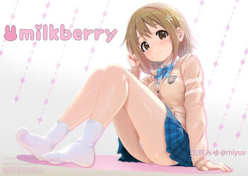 Rule 34 | 1girl, artist name, blue bow, blue bowtie, blue skirt, bow, bowtie, breasts, brown eyes, brown hair, cardigan, closed mouth, commentary request, flower, full body, hair flower, hair ornament, head tilt, idolmaster, idolmaster cinderella girls, kisaragi miyu, knees up, light blush, looking at viewer, medium breasts, mimura kanako, no shoes, panties, pantyshot, plaid clothes, plaid skirt, school uniform, shirt, short hair, sidelocks, sitting, skirt, smile, socks, solo, underwear, watermark, white background, white panties, white shirt, white socks, yellow cardigan