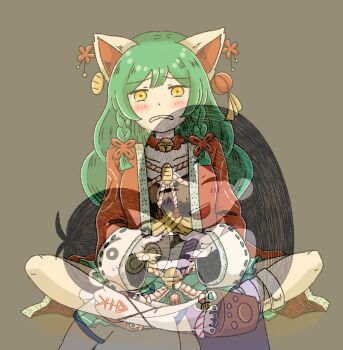 1girl aged_down animal_ears bell black_eyes black_hair black_nails blush brown_eyes cat_ears cat_girl collarbone controller green_hair green_nails highres holding holding_controller indie_virtual_youtuber long_hair long_sleeves mari_(faraway)_(omori) mari_(omori) neck_bell omocat_(character) omori open_mouth pacifier parted_lips qiu_(ayaka) scene_reference short_hair smile solo sunny_(omori) tearing_up teeth upper_teeth_only virtual_youtuber