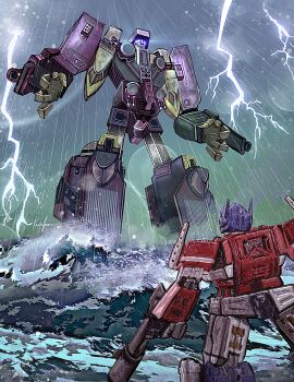 absurdres autobot blue_eyes commentary decepticon english_commentary glowing glowing_eyes highres lens_flare looking_ahead looking_up mecha mecha_focus ocean optimus_prime rain robot superhermit tidal_wave_(transformers) transformers transformers_armada transformers_unicron_trilogy waves