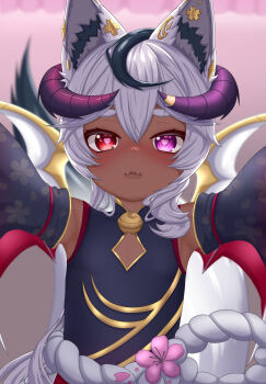 1girl absurdres animal_ears armpits azunyart black_dress black_hair black_sleeves china_dress chinese_clothes clothing_cutout commentary dark-skinned_female dark_skin demon_girl detached_sleeves diamond_cutout dress english_commentary fangs flat_chest grey_hair heart heart-shaped_pupils heterochromia highres horns looking_at_viewer multicolored_hair open_mouth original purple_eyes purple_horns red_eyes solo streaked_hair symbol-shaped_pupils two-tone_hair variant_set