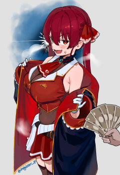 1girl blush breasts heterochromia highres hololive houshou_marine large_breasts long_hair looking_at_viewer magister money off_shoulder open_mouth red_eyes red_hair smile solo solo_focus twintails virtual_youtuber yellow_eyes