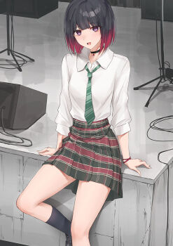 1girl arm_support black_choker black_hair black_socks choker commentary_request diagonal-striped_clothes diagonal-striped_necktie foot_out_of_frame gradient_hair green_necktie green_skirt guest_art iya_na_kao_sare_nagara_opantsu_misete_moraitai kanju looking_at_viewer multicolored_hair necktie open_mouth plaid_clothes plaid_skirt purple_eyes red_hair school_uniform second-party_source shirt shirt_tucked_in short_hair sitting skirt smile socks solo stage striped_clothes three-quarter_sleeves white_shirt