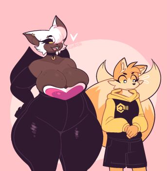 artist_name bat_girl breasts choker cleavage curvy dark-skinned_female dark_skin ear_piercing elbow_gloves eyelashes fang fox fox_boy furry furry_female furry_male furry_with_furry gloves heart highres hood hoodie multiple_tails narrowed_eyes nervous open_mouth pants piercing rouge_the_bat sega short smile sonic_(series) sweat tail tails_(sonic) teeth thick_thighs thighs tight_clothes tight_pants two_tails welwraith