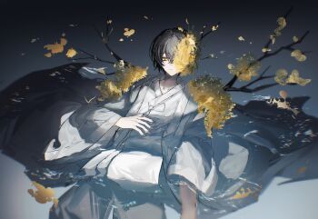 1boy black_hair bochishiraita branch chinese_clothes coat commentary_request cowboy_shot crossed_bangs e.g.o_(project_moon) flower hair_between_eyes hand_on_own_stomach hanfu highres limbus_company looking_at_viewer lying male_focus official_alternate_costume on_back orange_eyes pants petals project_moon short_hair solo spicebush_(e.g.o) white_coat white_hanfu white_pants yellow_flower yellow_petals yi_sang_(project_moon)