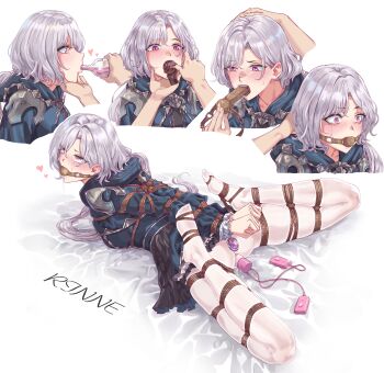 1girl absurdres ahegao applying_gag arms_behind_back ball_gag bdsm bondage bound bound_arms bound_legs breasts butt_plug character_request cloth_gag dildo dildo_gag dress egg_vibrator frogtie full_body gag gagged grey_hair highres improvised_gag jewel_butt_plug leveen long_hair lying medium_breasts multiple_views on_stomach orgasm original pantyhose pink_eyes pleated_dress sex_toy shibari shibari_over_clothes skindentation vibrator white_dress white_pantyhose